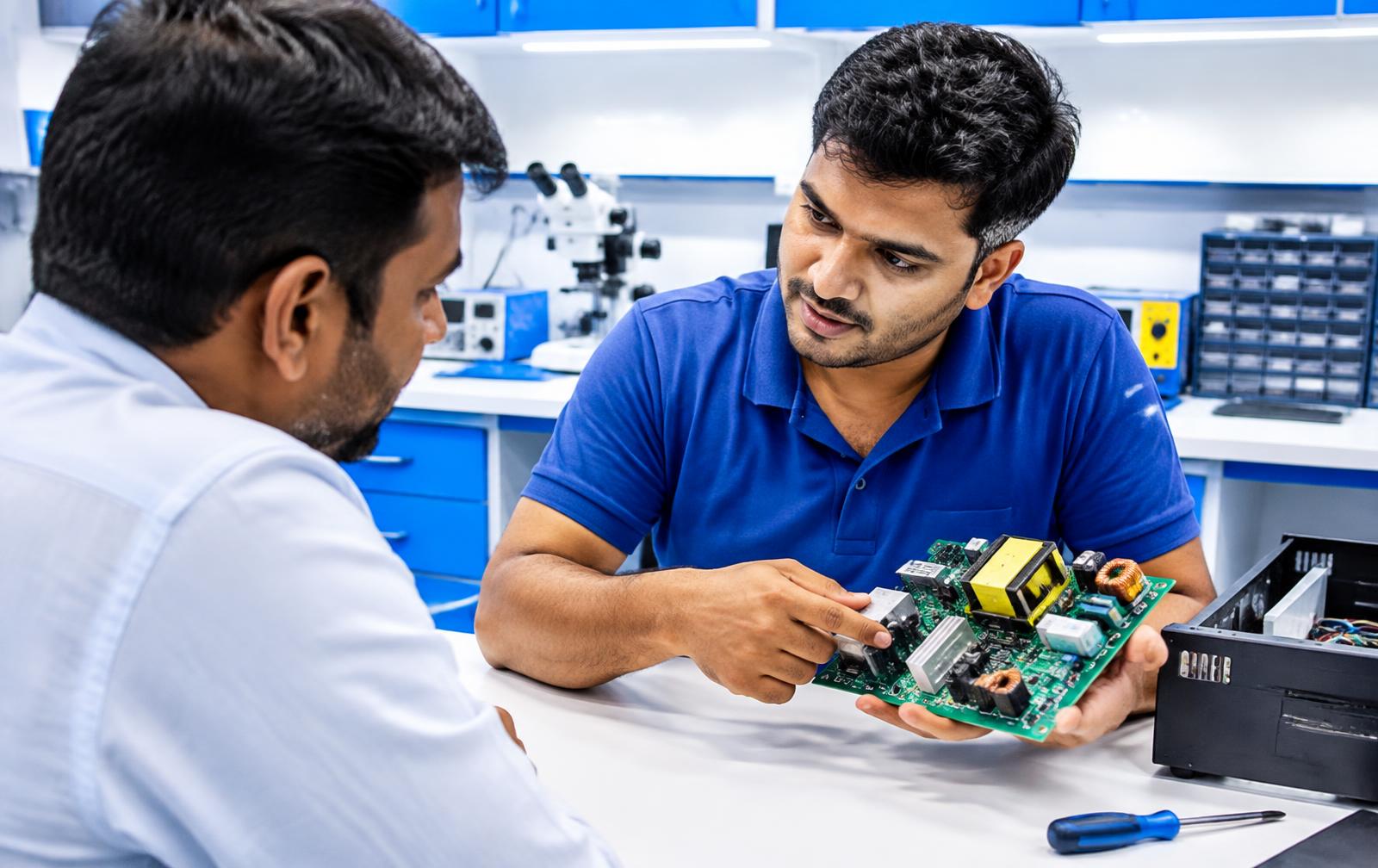 Technician explaining an inverter circuit board fault to a customer