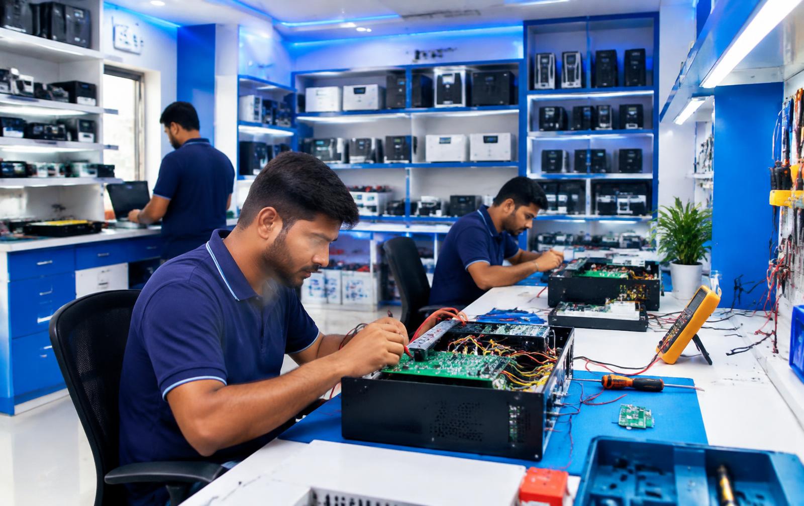 Technicians repairing inverter and UPS systems in a professional service centre