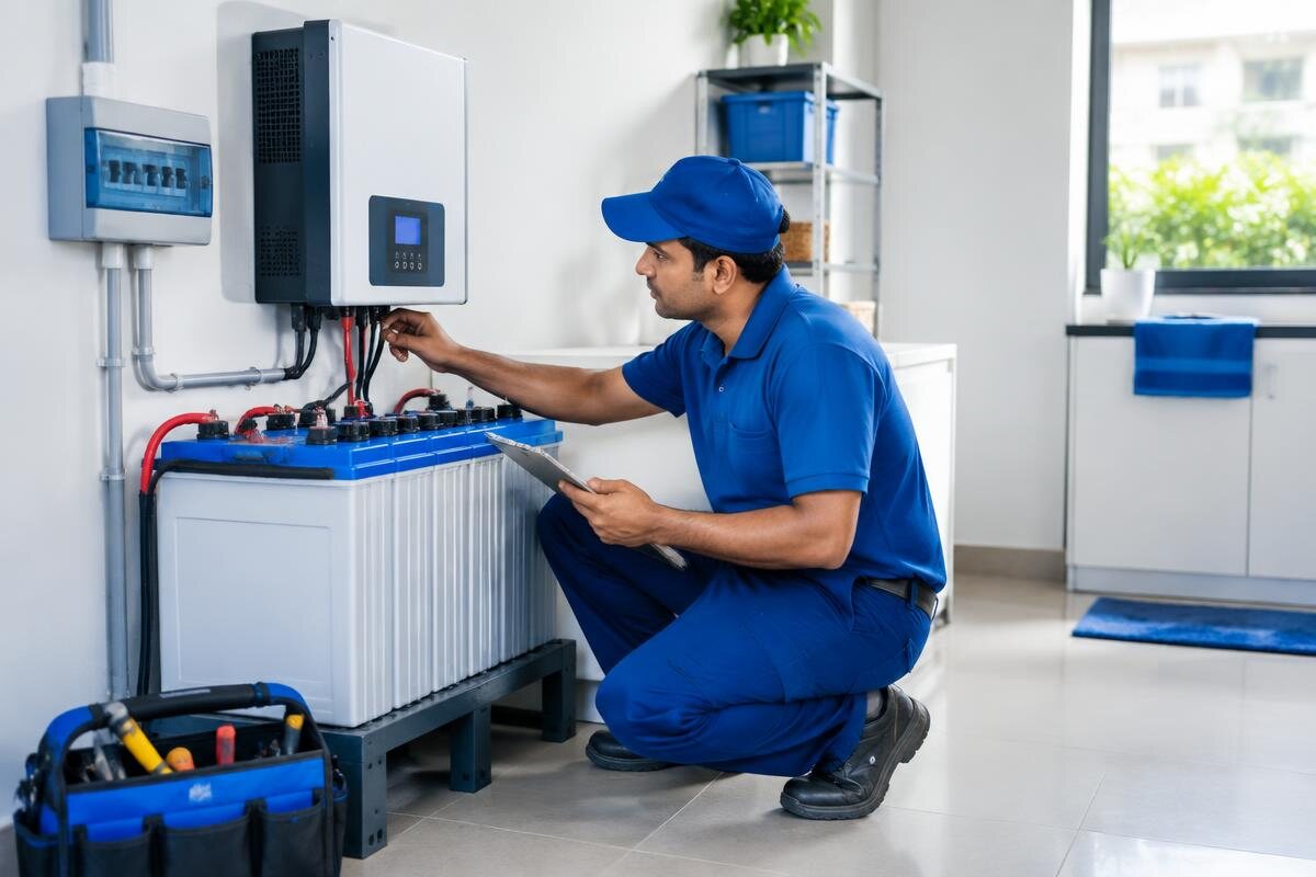 Technician servicing a home inverter
