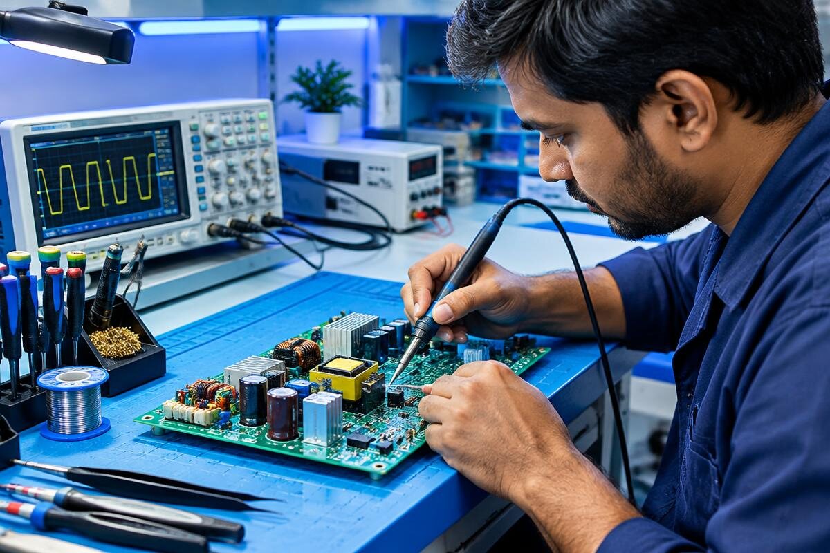 Technician repairing an inverter PCB