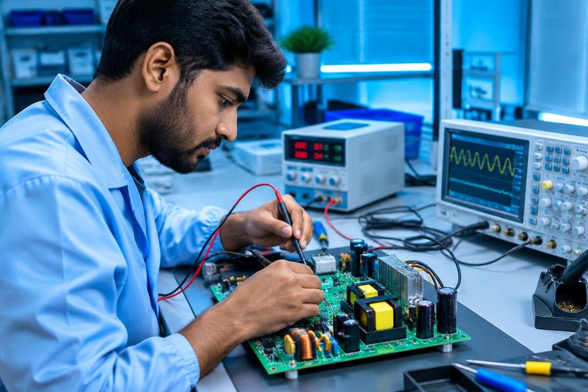 UPS PCB under professional diagnostic testing