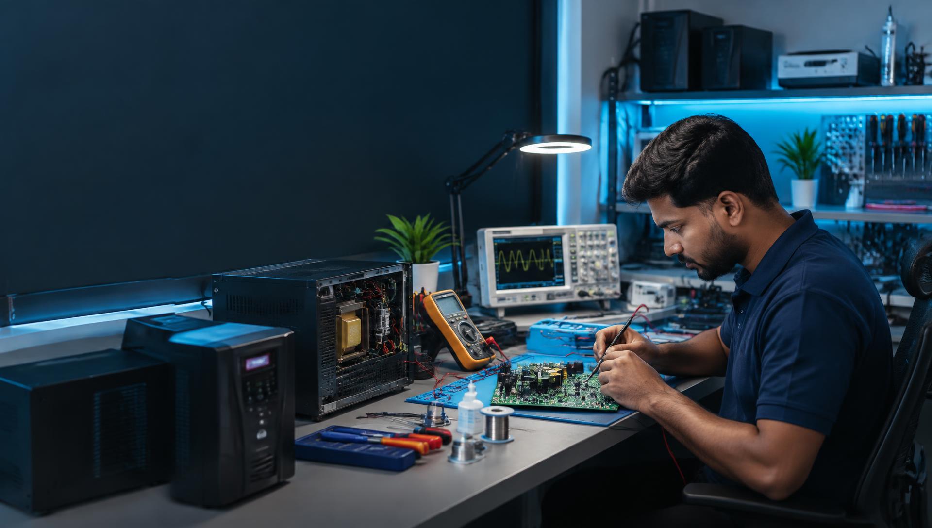 Technician diagnosing an inverter PCB at a professional repair workbench